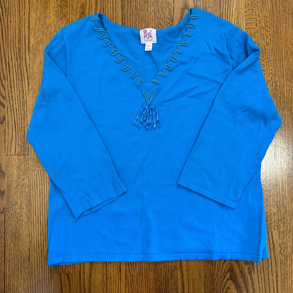 Pink Poodle Vintage Teal Blue V Cut 3/4 Sleeve Bedazzles Shirt Size XL